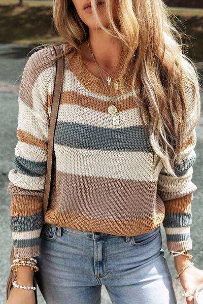 Striped Round Neck Dropped Shoulder Sweater - Trendsi - Flyclothing LLC