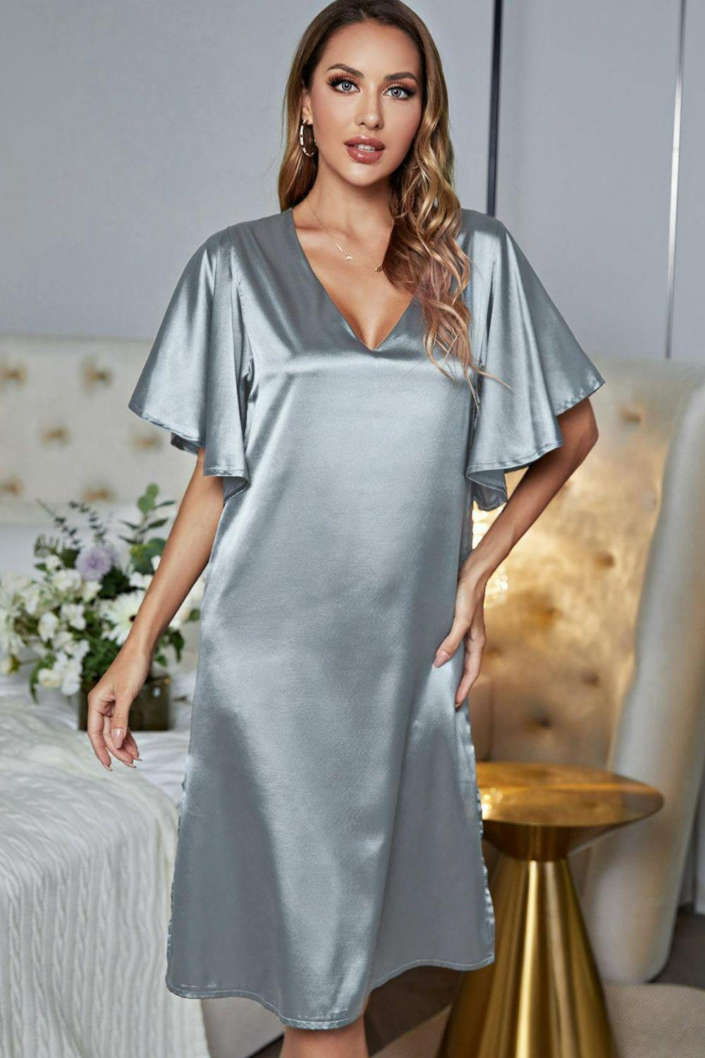 Satin Flutter Sleeve Side Slit V-Neck Night Dress - Trendsi