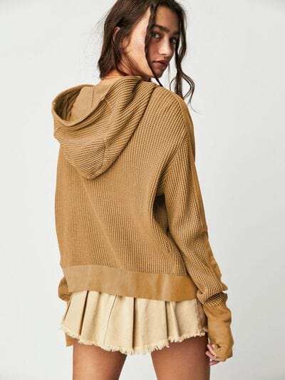Waffle-Knit Dropped Shoulder Hooded Jacket - Trendsi - Flyclothing LLC