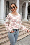 Round Neck Flower Pattern Dropped Shoulder Pullover Sweater - Trendsi - Flyclothing LLC