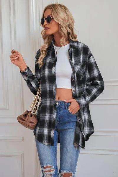 Plaid Button Up Dropped Shoulder Outerwear - Trendsi - Flyclothing LLC