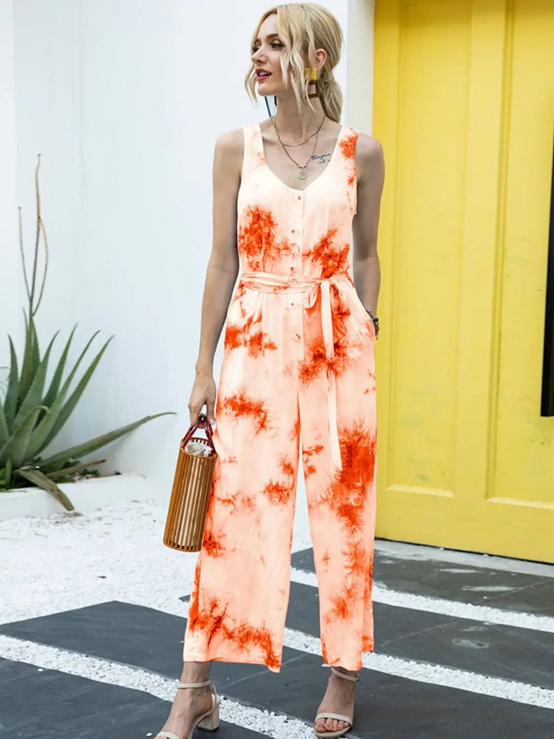 Tie-Dye Tie Waist Sleeveless Jumpsuit - Trendsi - Flyclothing LLC