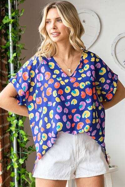 First Love Printed V-Neck Short Sleeve Blouse - Trendsi - Flyclothing LLC