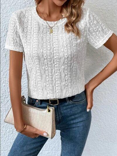 Eyelet Round Neck Short Sleeve T-Shirt - Trendsi