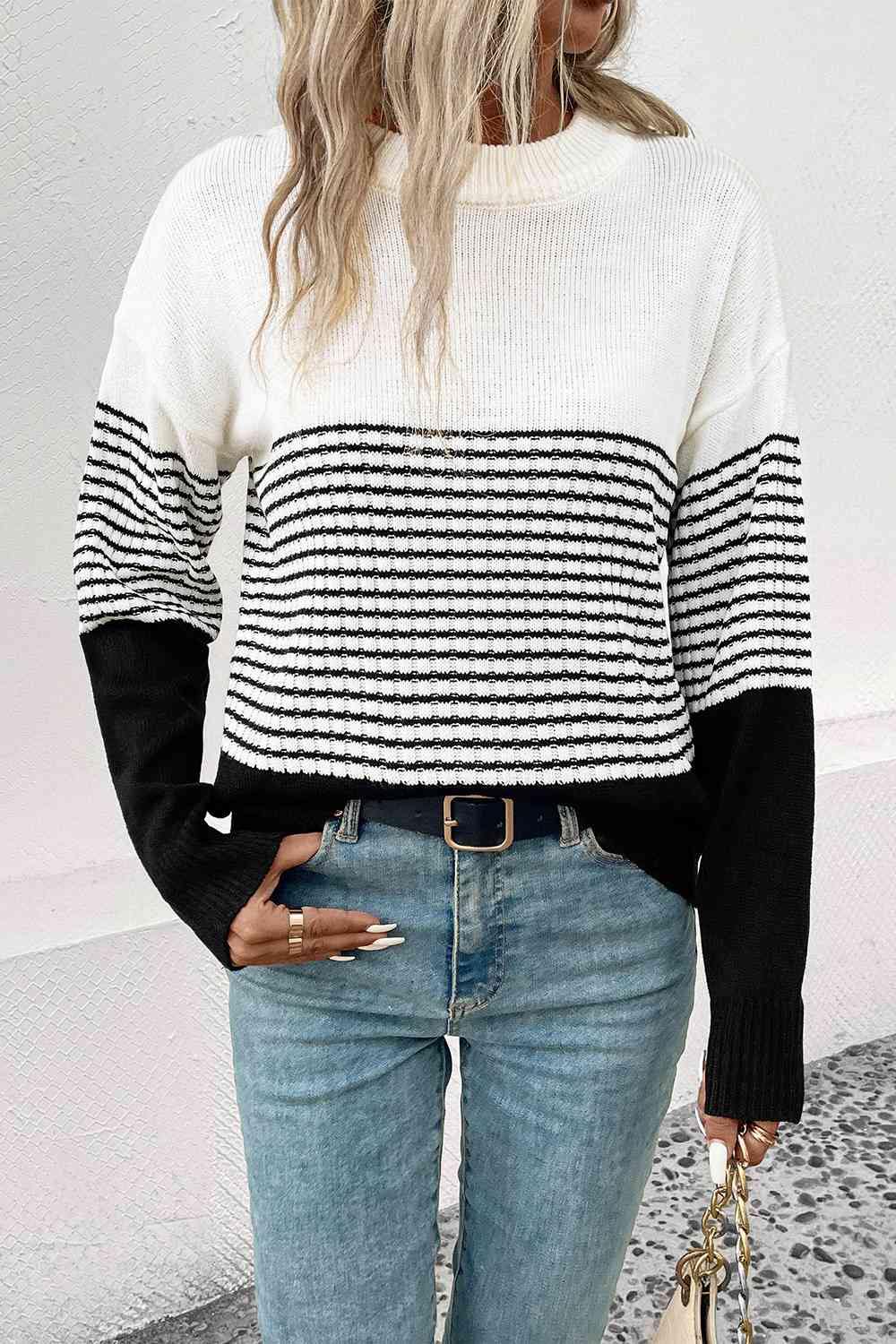 Striped Drop Shoulder Sweater - Trendsi