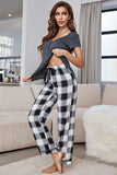 Curved Hem Short Sleeve Top and Plaid Pants Lounge Set - Trendsi - Flyclothing LLC