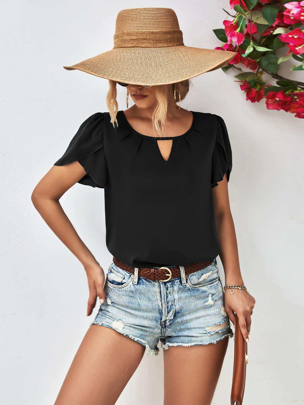 Cutout Round Neck Petal Sleeve Blouse - Trendsi - Flyclothing LLC