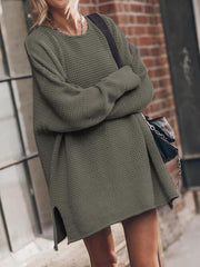 Openwork Round Neck Long Sleeve Slit Sweater - Trendsi