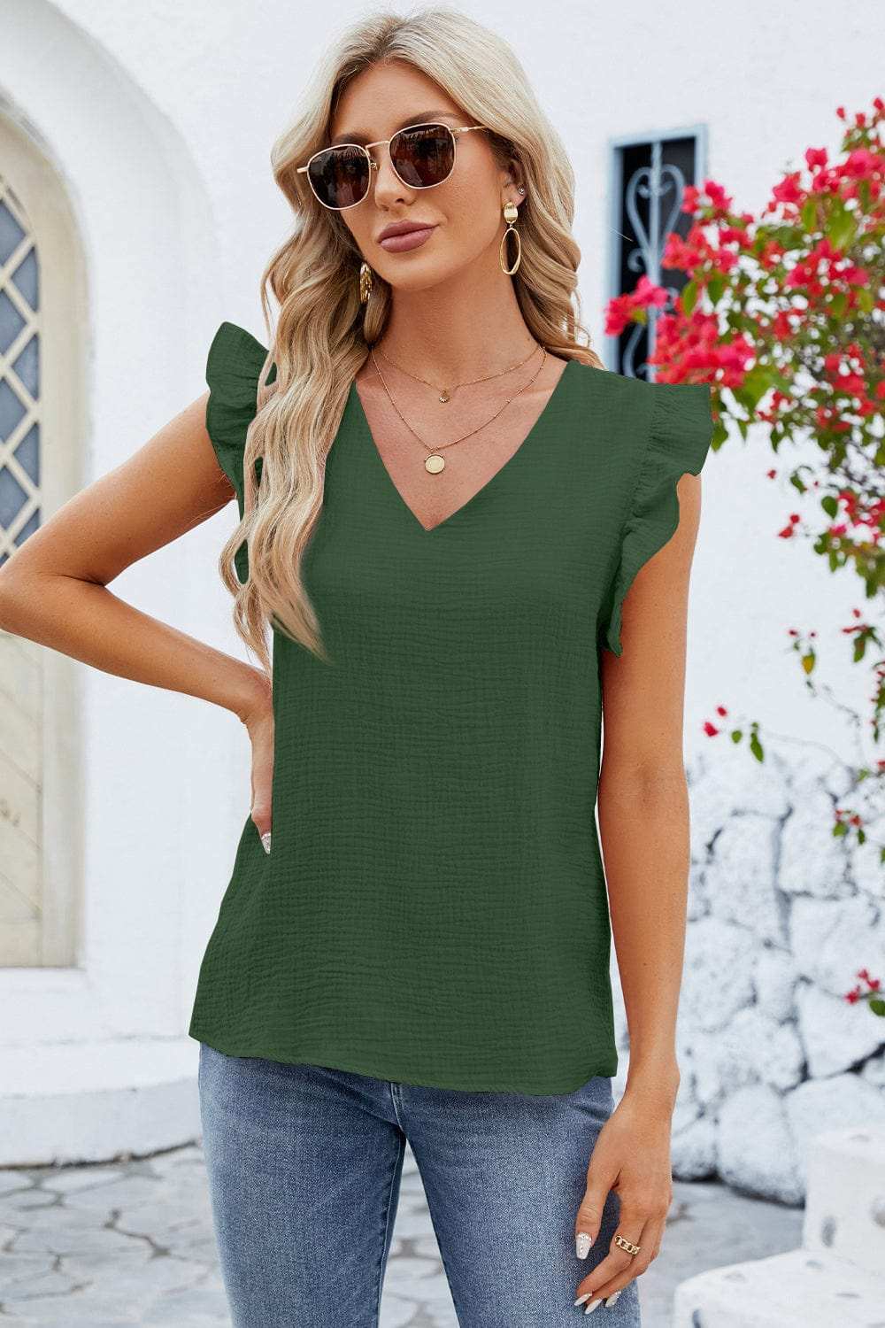 Ruffled V-Neck Cap Sleeve Blouse - Trendsi - Flyclothing LLC