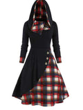 Plus Size Plaid Buttoned Long Sleeve Hooded Dress - Trendsi - Flyclothing LLC