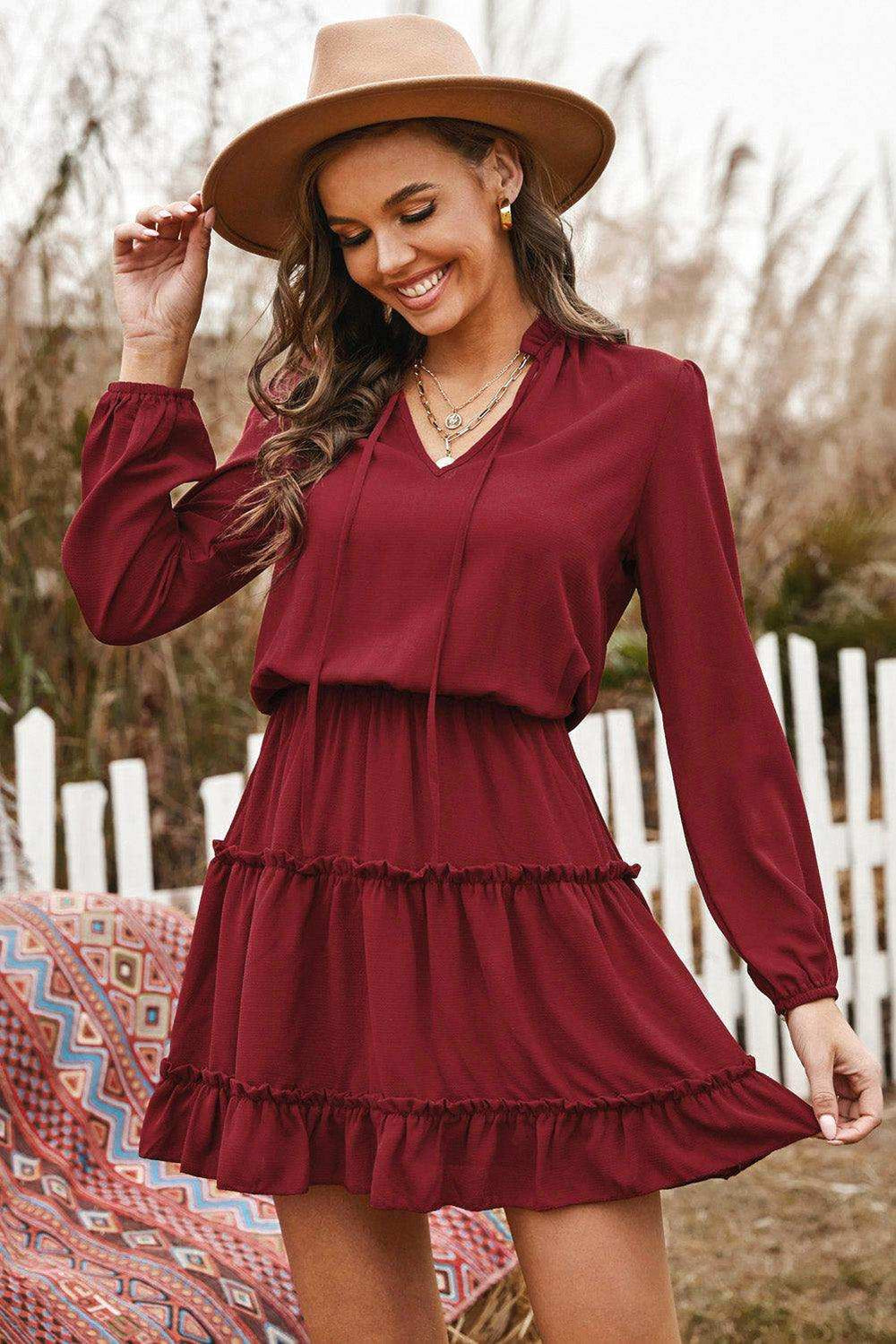 Tied Frill Trim Puff Sleeve Mini Dress - Trendsi - Flyclothing LLC