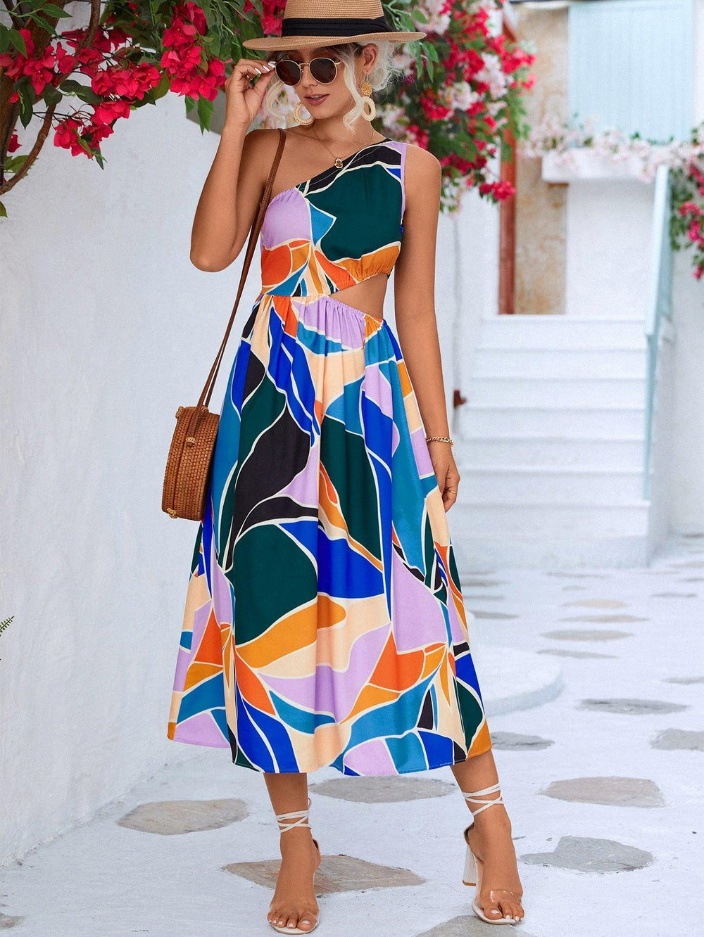 Printed Cutout One-Shoulder Sleeveless Dress - Trendsi