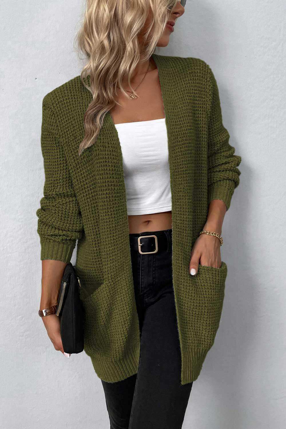 Rib-Knit Open Front Pocketed Cardigan - Trendsi - Flyclothing LLC