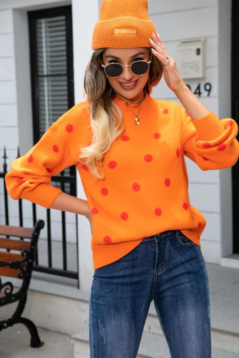 Polka Dot Round Neck Dropped Shoulder Sweater - Trendsi - Flyclothing LLC