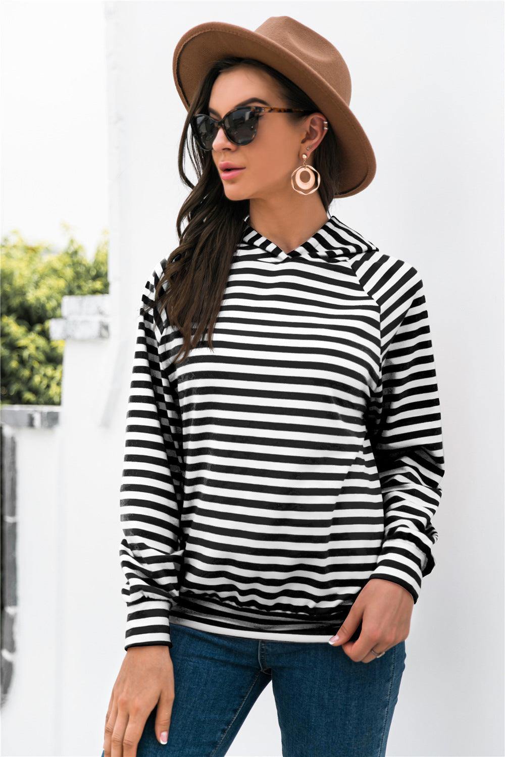 Horizontal Stripe Raglan Sleeve Hoodie - Trendsi