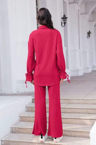 Drawstring Flounce Sleeve Shirt and Pants Set - Trendsi - Flyclothing LLC