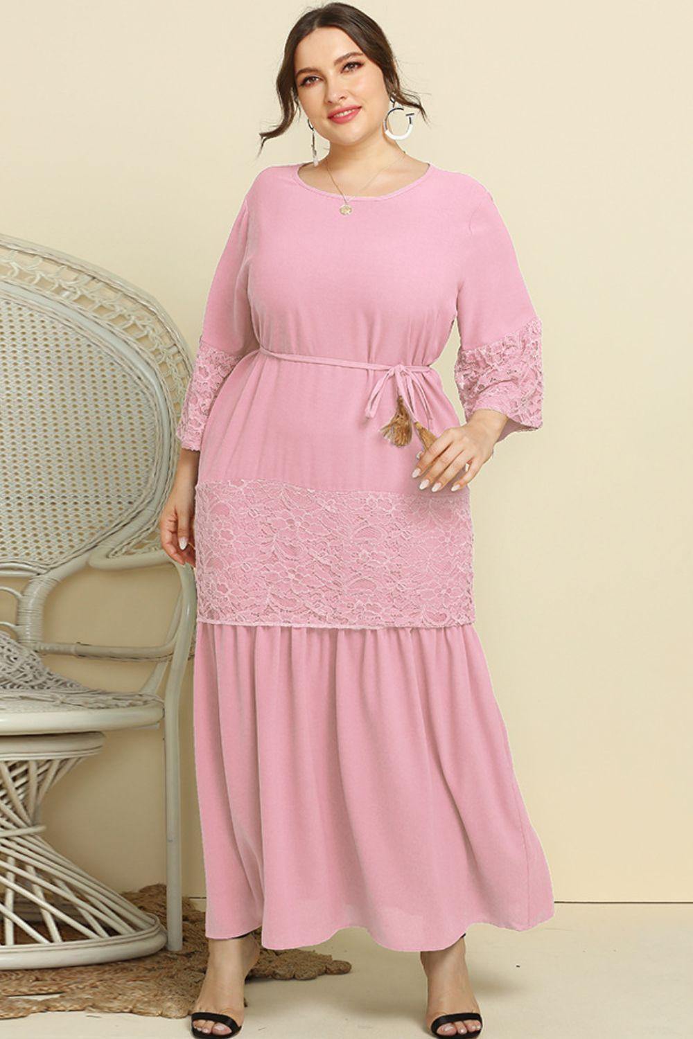 Plus Size Spliced Lace Tassel Belted Dress - Trendsi