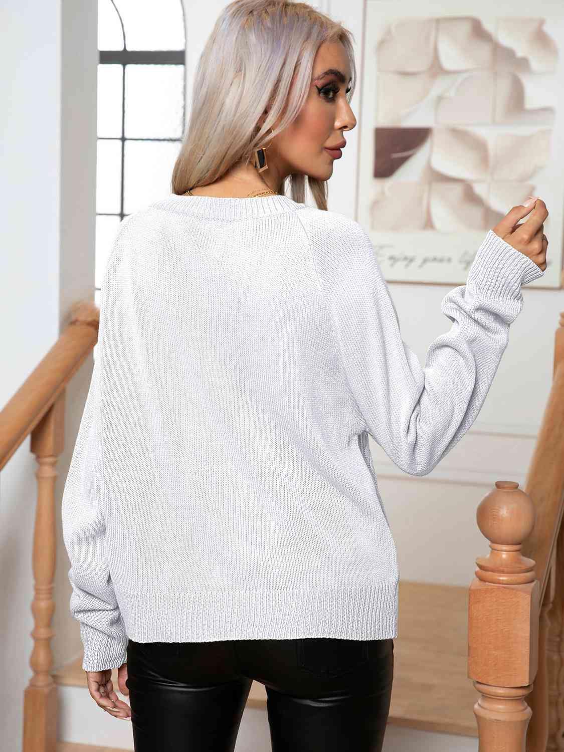 Cable-Knit Long Sleeve Sweater - Trendsi