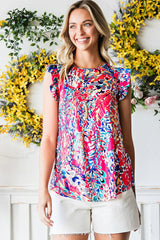 Abstract Print Ruffle Shoulder Top - Trendsi - Flyclothing LLC
