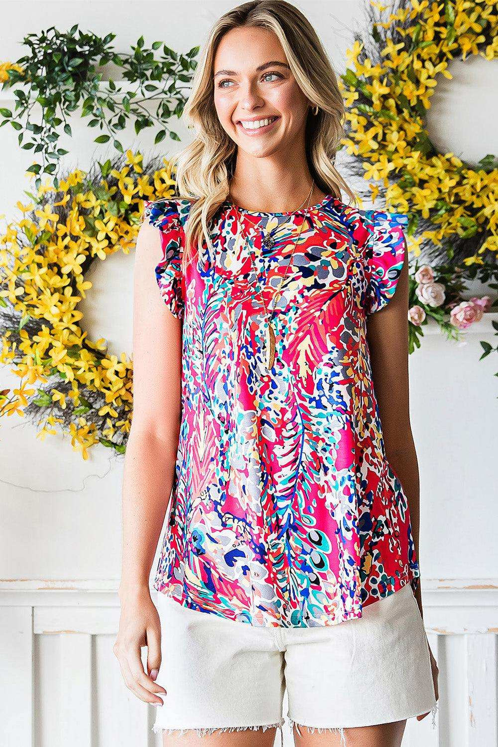 Abstract Print Ruffle Shoulder Top - Trendsi - Flyclothing LLC
