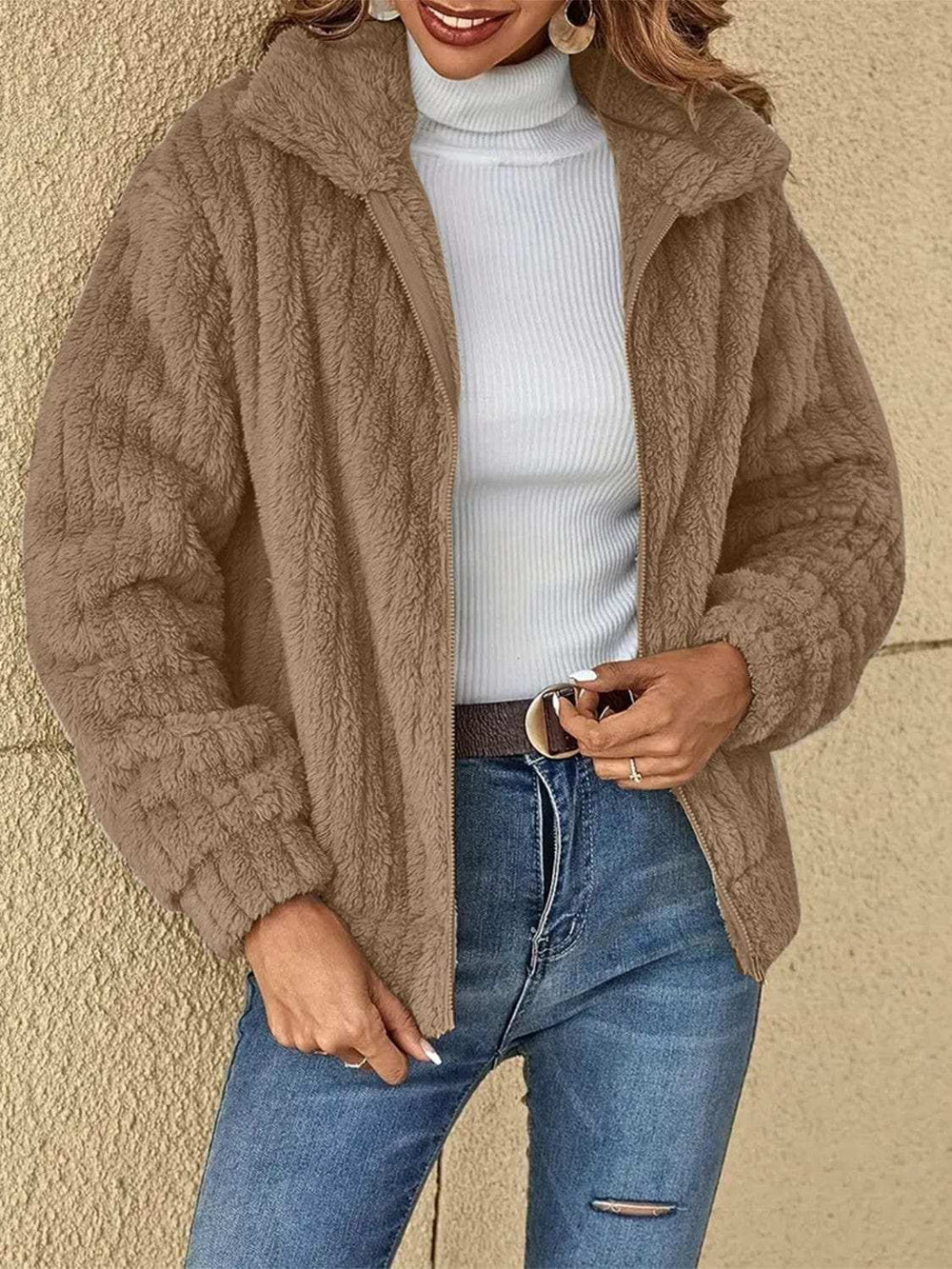 Plush Zip Up Long Sleeve Jacket - Trendsi - Flyclothing LLC