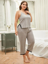 Plus Size Lace Trim Slit Cami and Pants Pajama Set - Trendsi - Flyclothing LLC