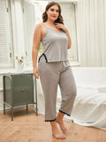 Plus Size Lace Trim Slit Cami and Pants Pajama Set - Trendsi