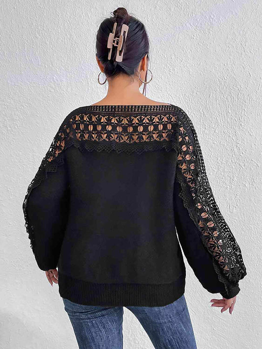 Lace Trim Boat Neck Knit Top - Trendsi - Flyclothing LLC