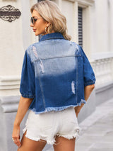 Distressed Raw Hem Button Up Denim Jacket - Trendsi - Flyclothing LLC