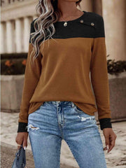 Contrast Buttoned Round Neck Long Sleeve T-Shirt - Trendsi