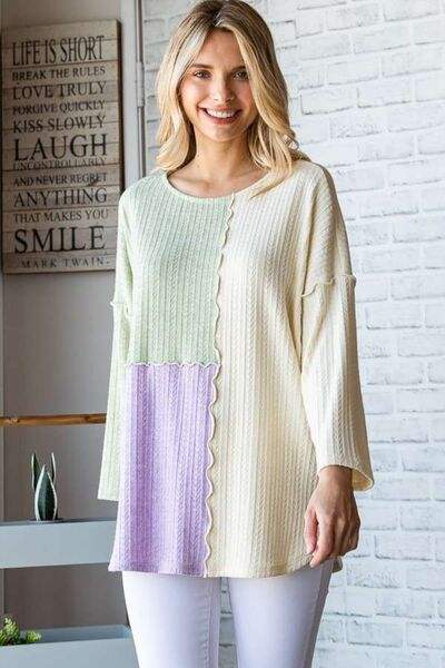 Culture Code Color Block Round Neck Dropped Shoulder Blouse - Trendsi - Flyclothing LLC