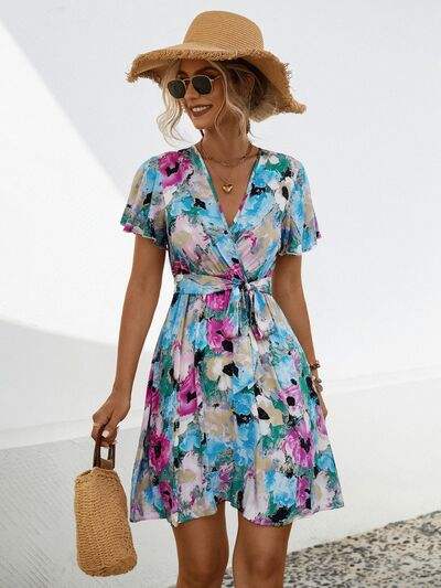 Printed Surplice Tie Waist Mini Dress - Trendsi - Flyclothing LLC