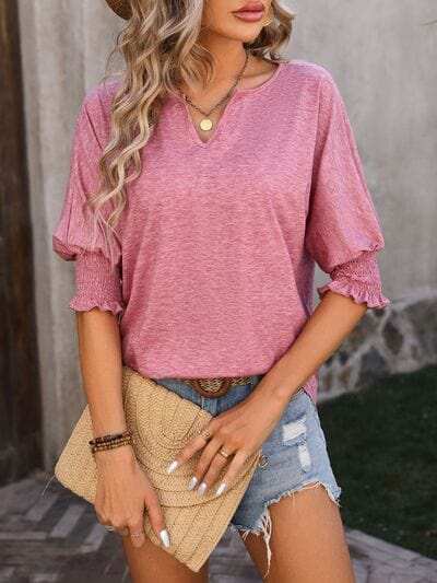 Heathered Notched Lantern Sleeve Blouse - Trendsi - Flyclothing LLC