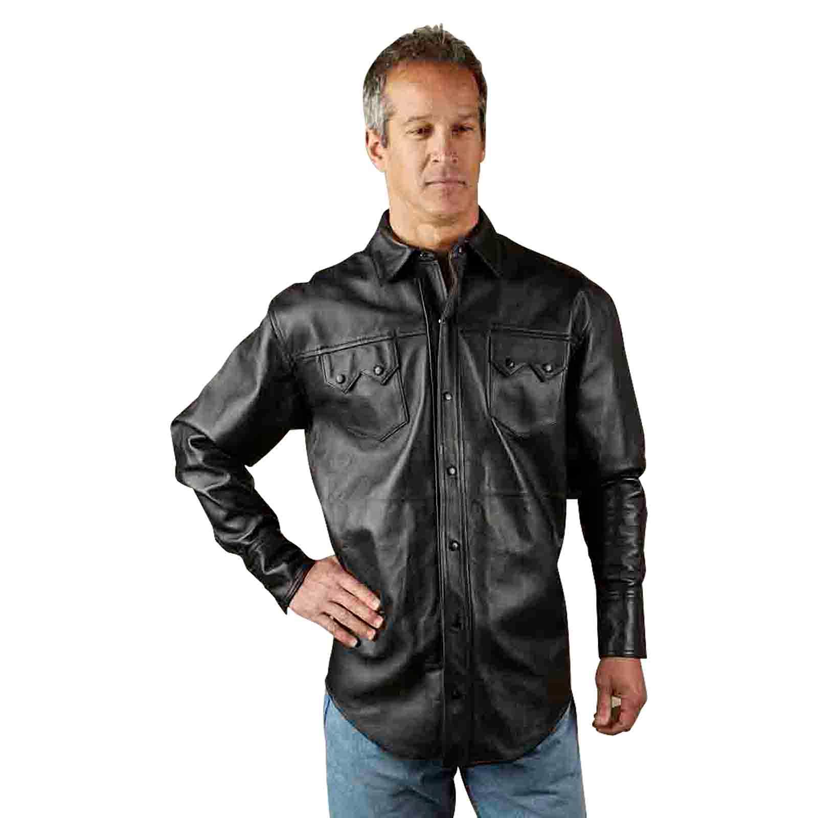 Rockmount Clothing Men's Calf Skin Leather Western Shirt in Charcoal Black