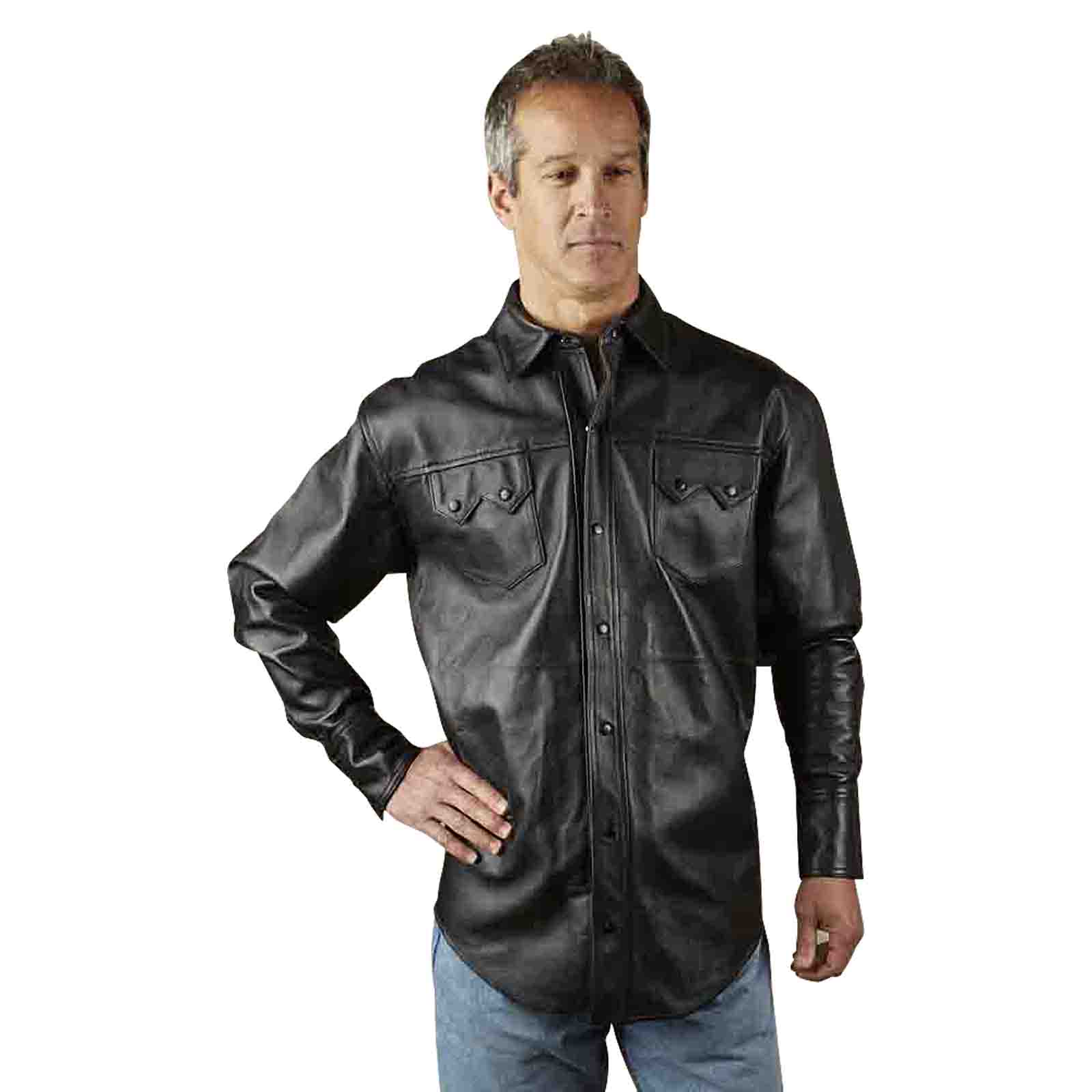 Rockmount Clothing Men's Calf Skin Leather Western Shirt in Charcoal Black