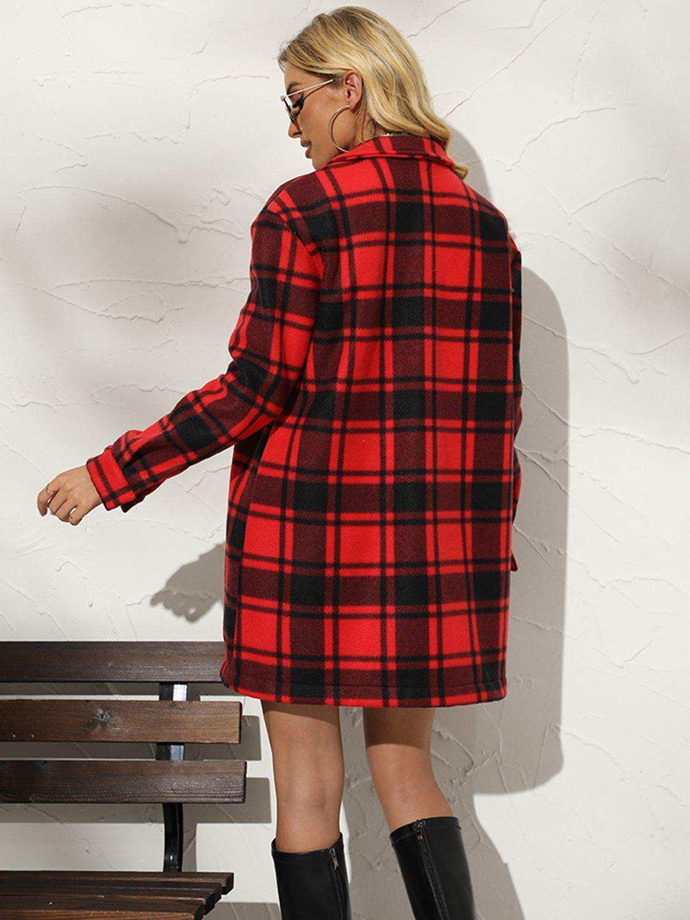Plaid Collared Longline Coat - Trendsi - Flyclothing LLC