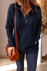 Quarter-Zip Quilted Sweatshirt with Kangaroo Pocket - Trendsi