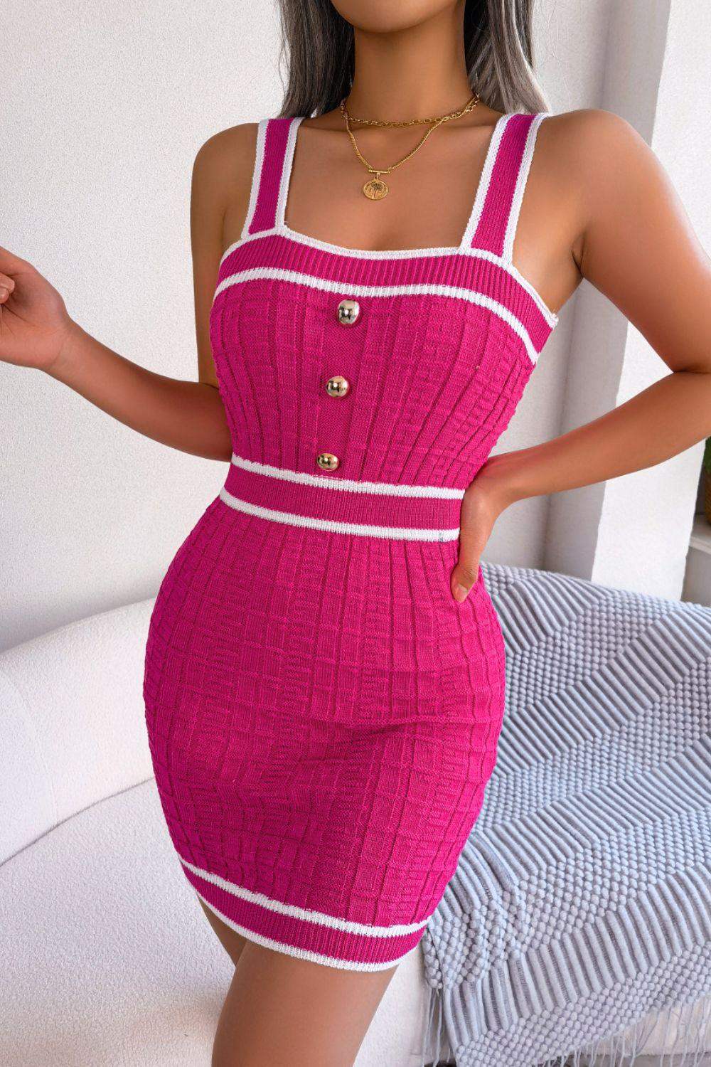 Contrast Trim Decorative Button Sleeveless Knit Dress - Trendsi - Flyclothing LLC