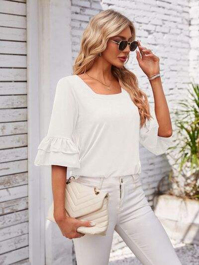 Ruffled Suqare Neck Half Sleeve Blouse - Trendsi - Flyclothing LLC