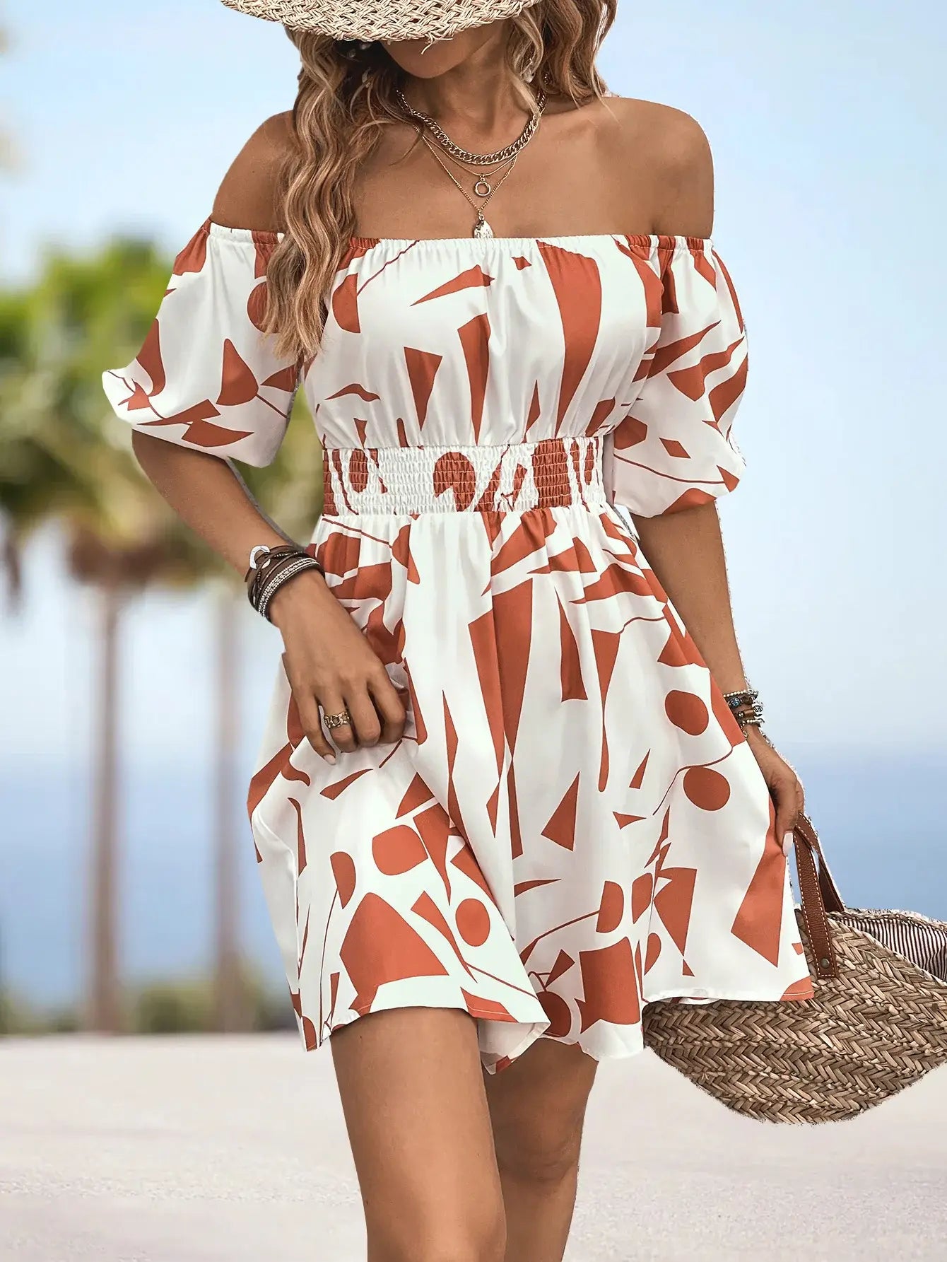 Printed Off-Shoulder Smocked Waist Dress - Trendsi - Flyclothing LLC