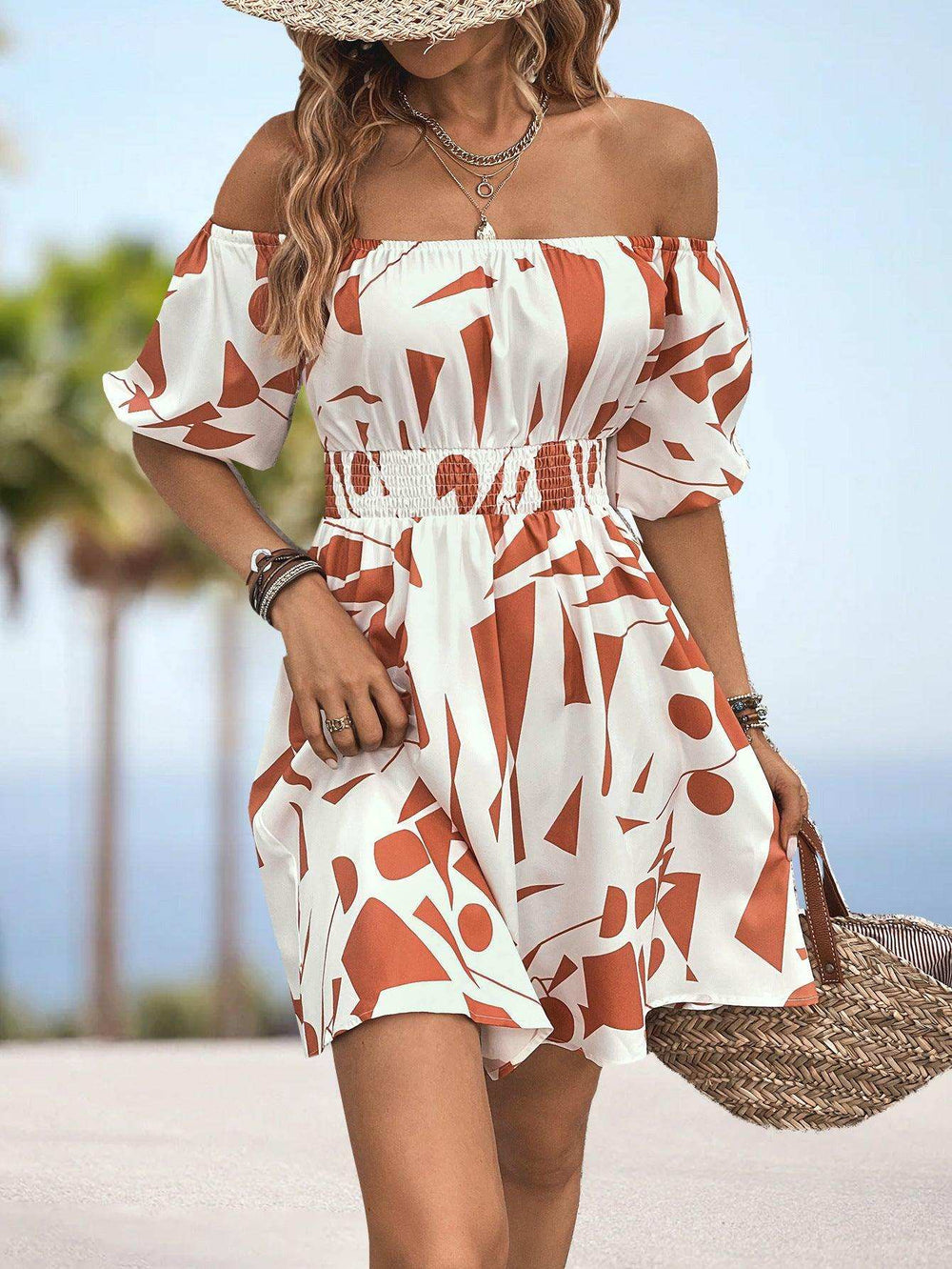 Printed Off-Shoulder Smocked Waist Dress - Trendsi - Flyclothing LLC