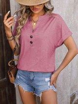 Notched Buttoned Short Sleeve T-Shirt - Trendsi - Flyclothing LLC