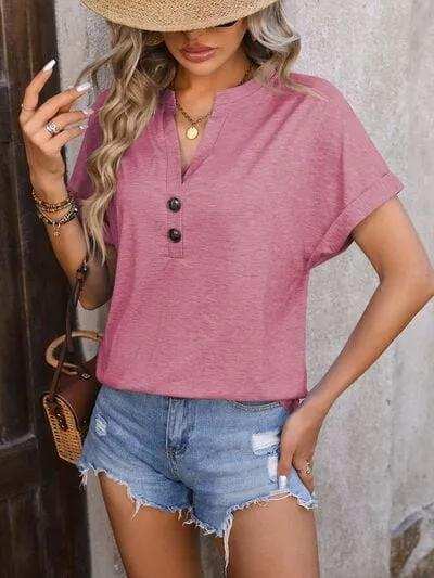 Notched Buttoned Short Sleeve T-Shirt - Trendsi - Flyclothing LLC