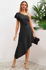 Ruffled Asymmetrical Neck Flutter Sleeve Dress - Trendsi