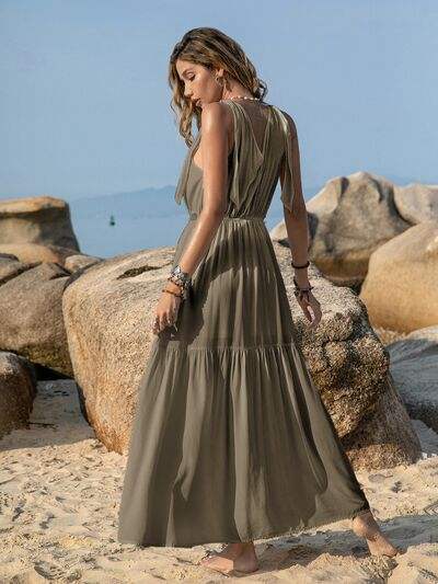 V-Neck Tie Shoulder Crochet Maxi Dress - Trendsi - Flyclothing LLC