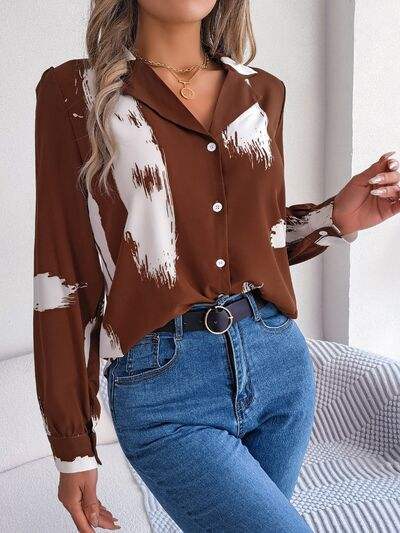 Printed Collared Neck Button Up Shirt - Trendsi - Flyclothing LLC