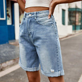 Distressed Buttoned Denim Shorts with Pockets - Trendsi