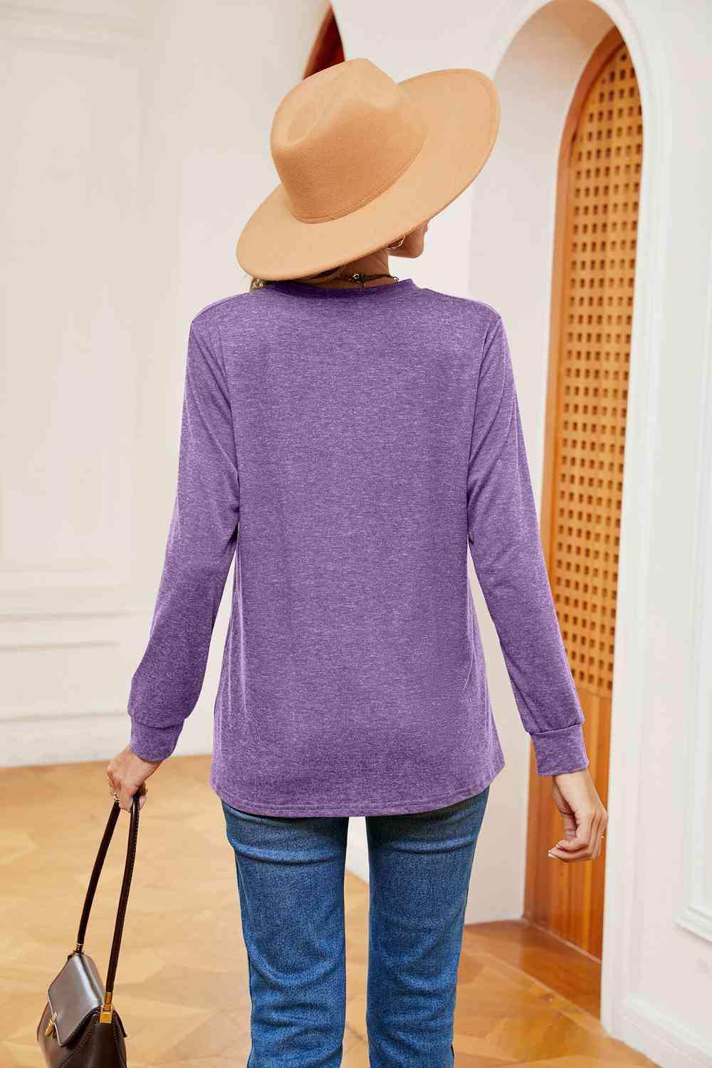 Buttoned Notched Neck Long Sleeve Top - Trendsi - Flyclothing LLC