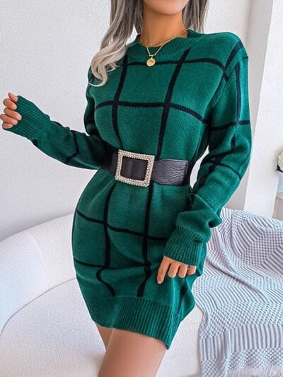 Plaid Round Neck Dropped Shoulder Sweater Dress - Trendsi