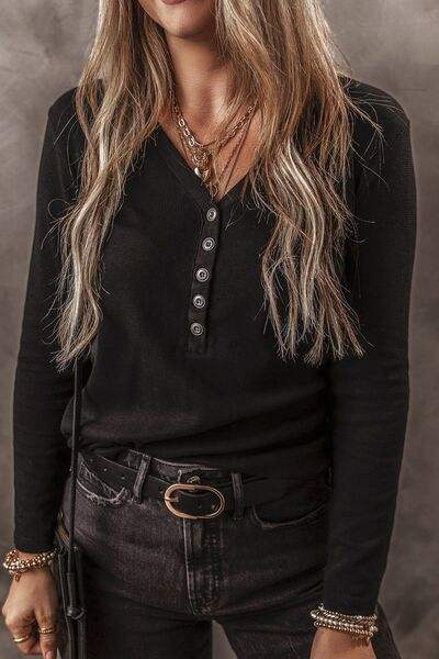 V-Neck Half Button long Sleeve T-Shirt - Trendsi - Flyclothing LLC